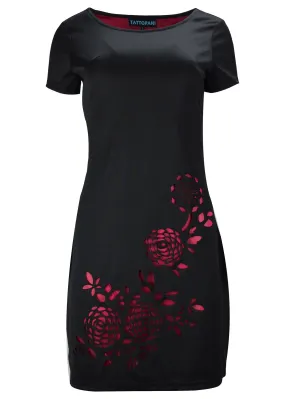 womens-black-short-sleeved-dress-with-flower-pattern-print