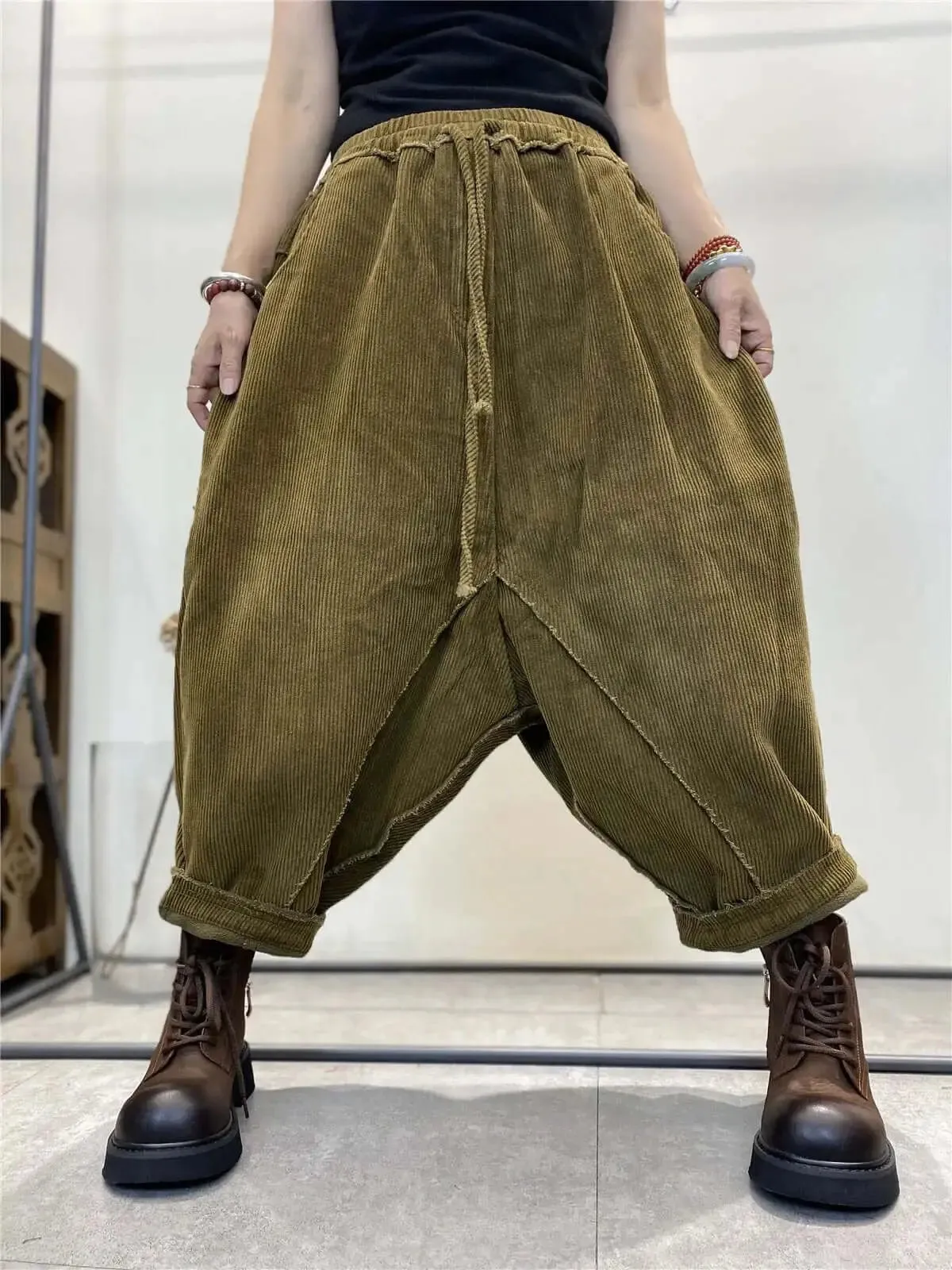 Women's Casual Trousers Corduroy Relaxed Fit Elastic Waist Baggy Trousers