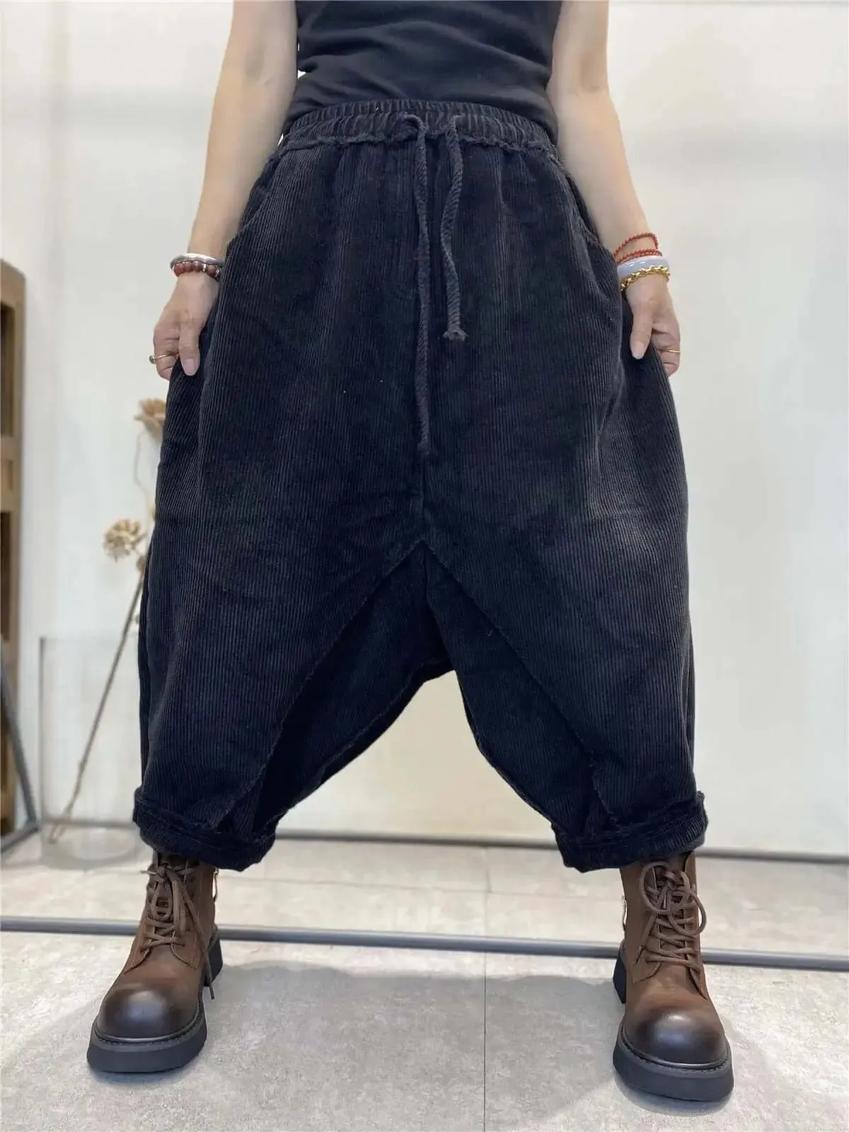 Women's Casual Trousers Corduroy Relaxed Fit Elastic Waist Baggy Trousers