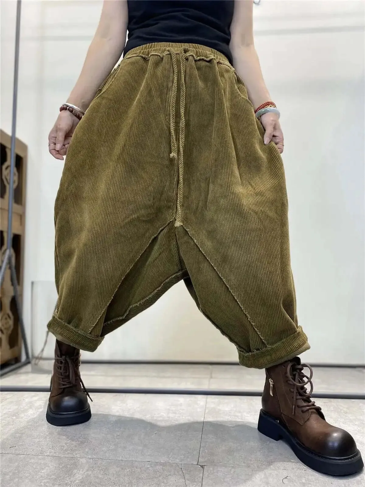 Women's Casual Trousers Corduroy Relaxed Fit Elastic Waist Baggy Trousers