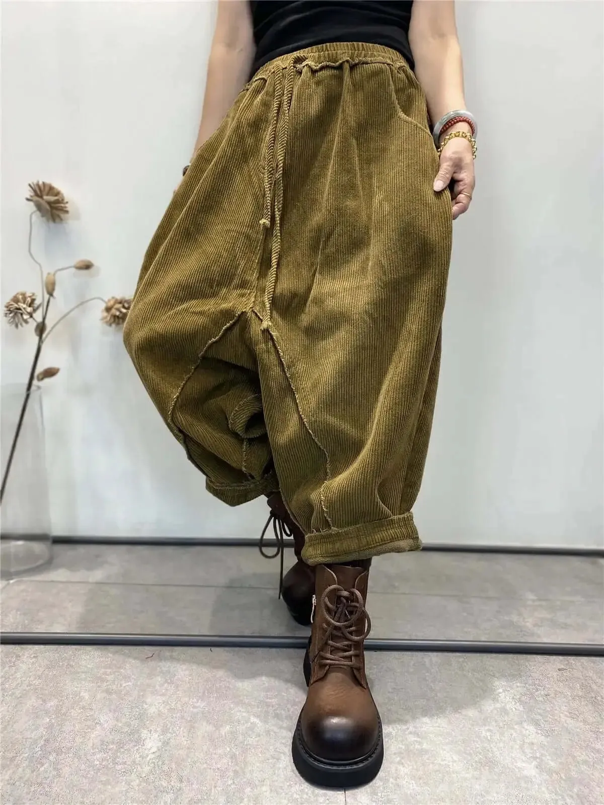 Women's Casual Trousers Corduroy Relaxed Fit Elastic Waist Baggy Trousers