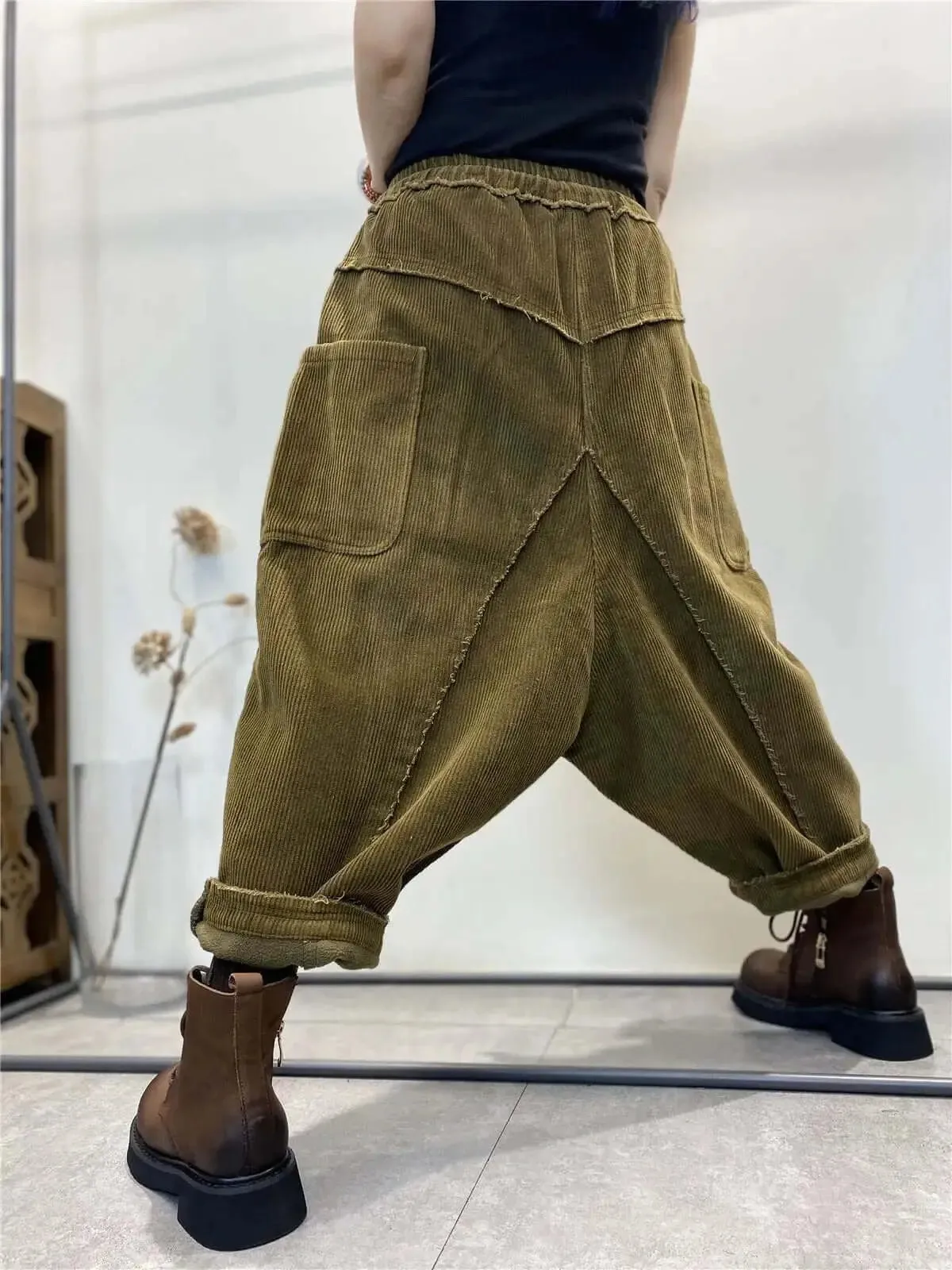 Women's Casual Trousers Corduroy Relaxed Fit Elastic Waist Baggy Trousers