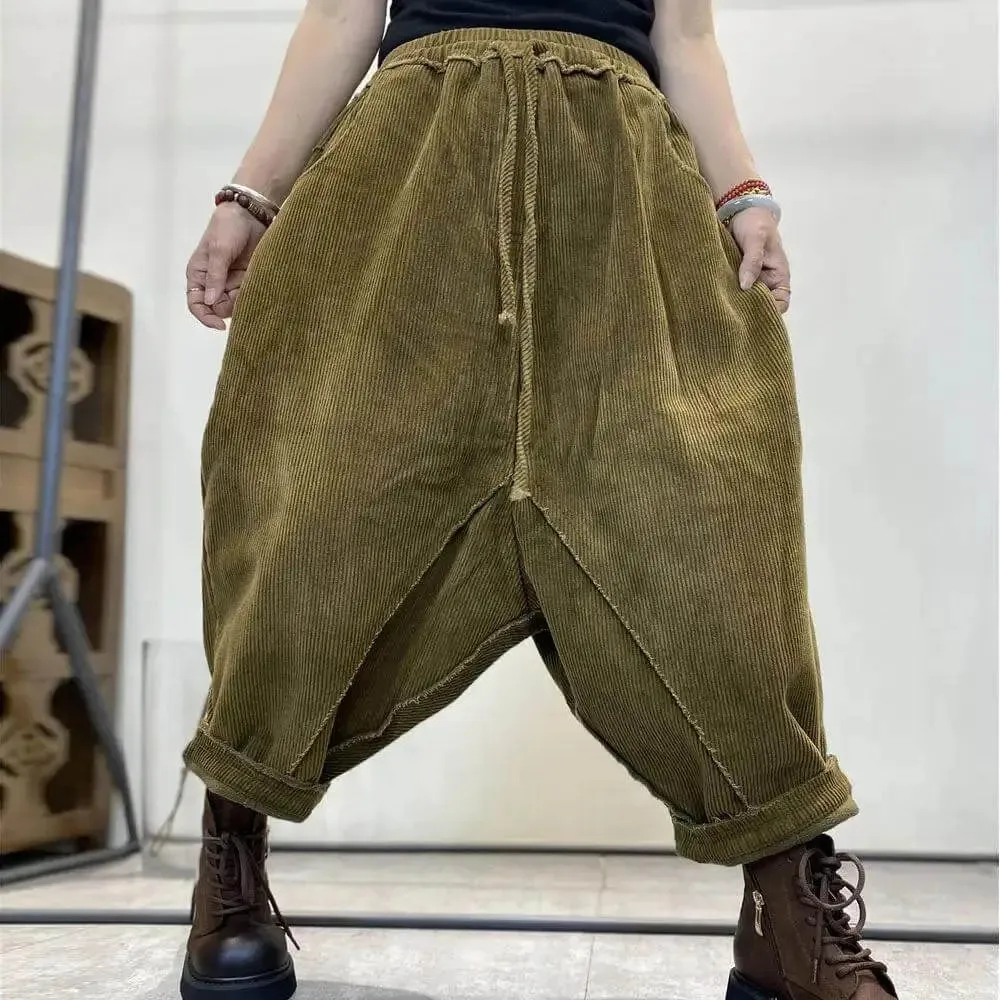 Women's Casual Trousers Corduroy Relaxed Fit Elastic Waist Baggy Trousers