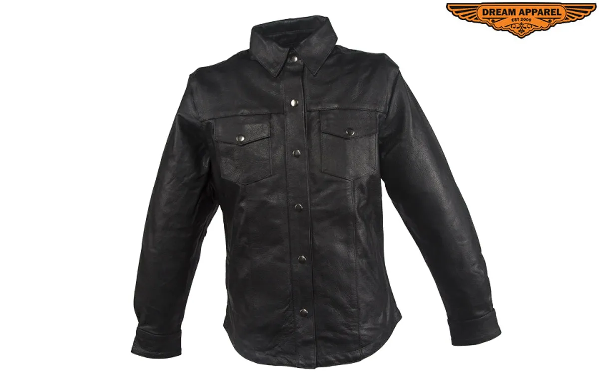 Womens Classic Soft Leather Motorcycle Shirt With Fold Down Collar