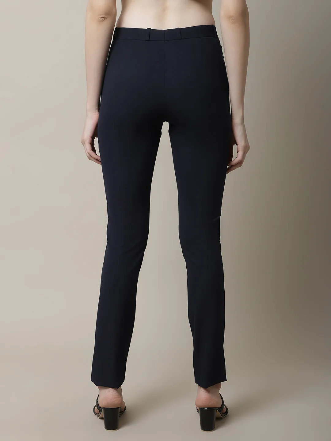 Women's Formal Flat Front Navy Blue Full length Mid rise Trousers