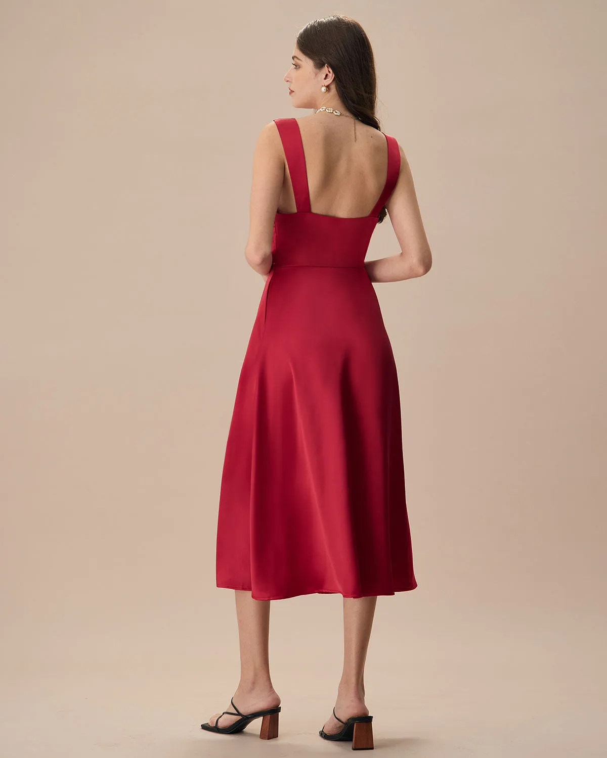 Women's Red Satin Slip Midi Dress