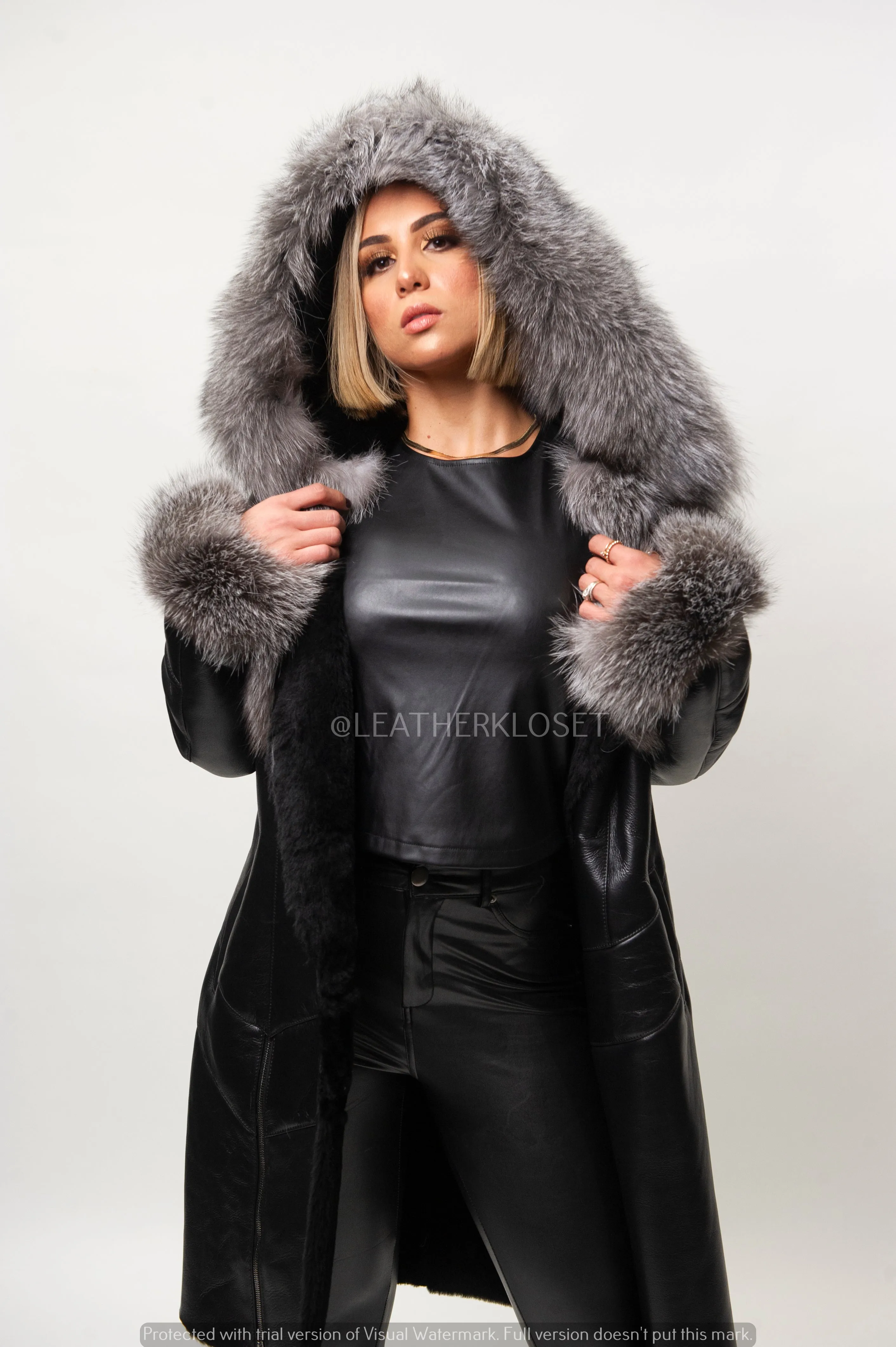 Women's Scarlett Real Sheepskin Jacket With Fox [Black/Silver]