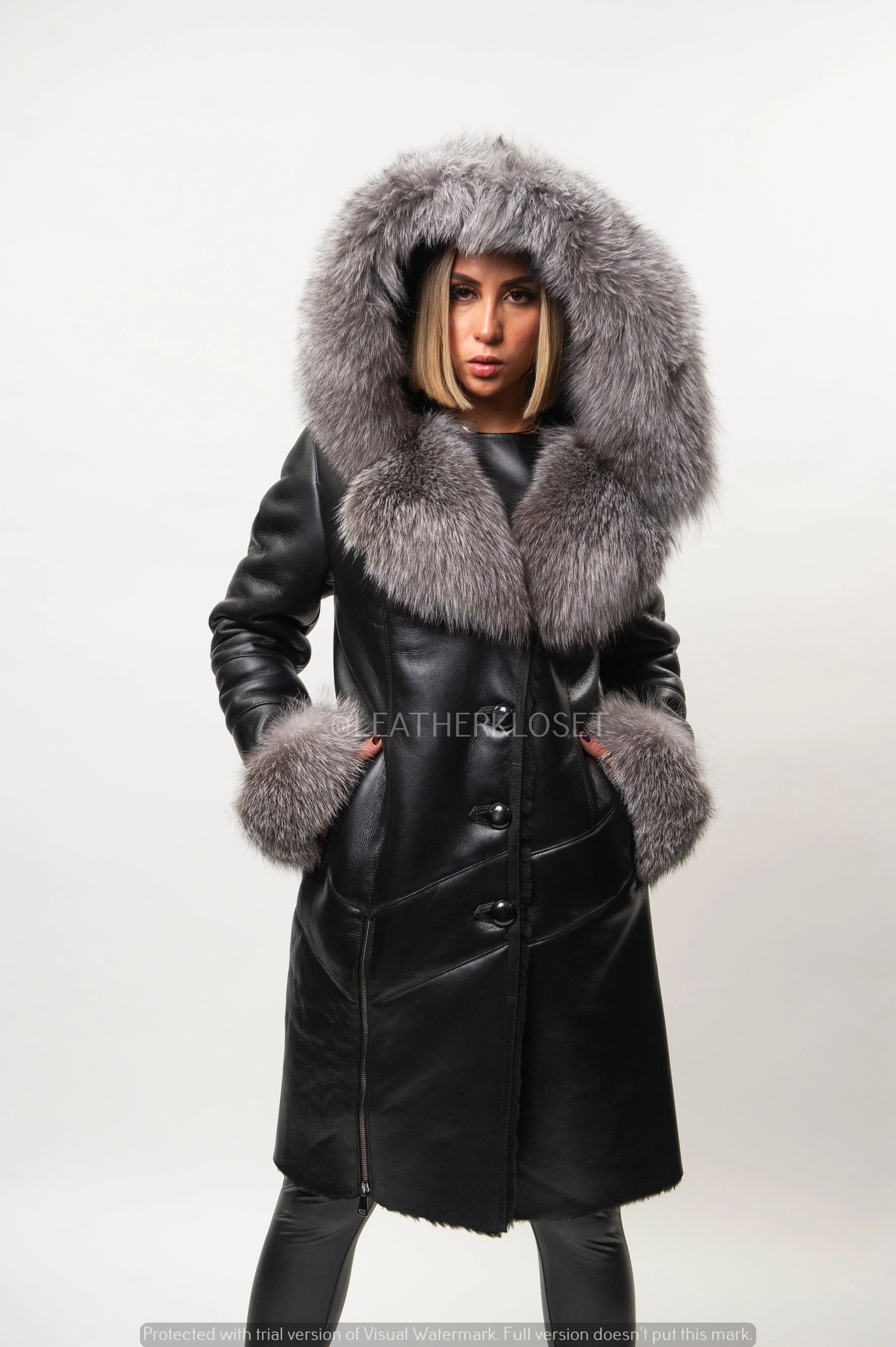 Women's Scarlett Real Sheepskin Jacket With Fox [Black/Silver]