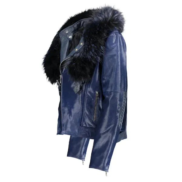 Women's Tara Calf Faux Shearling Blue Fur Leather Jacket