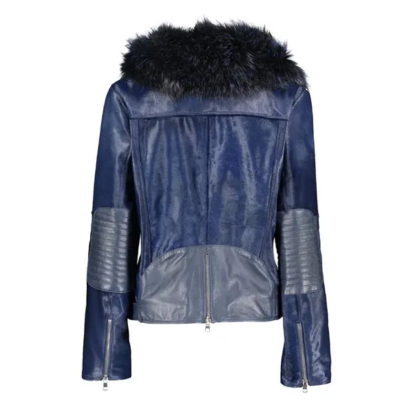 Women's Tara Calf Faux Shearling Blue Fur Leather Jacket