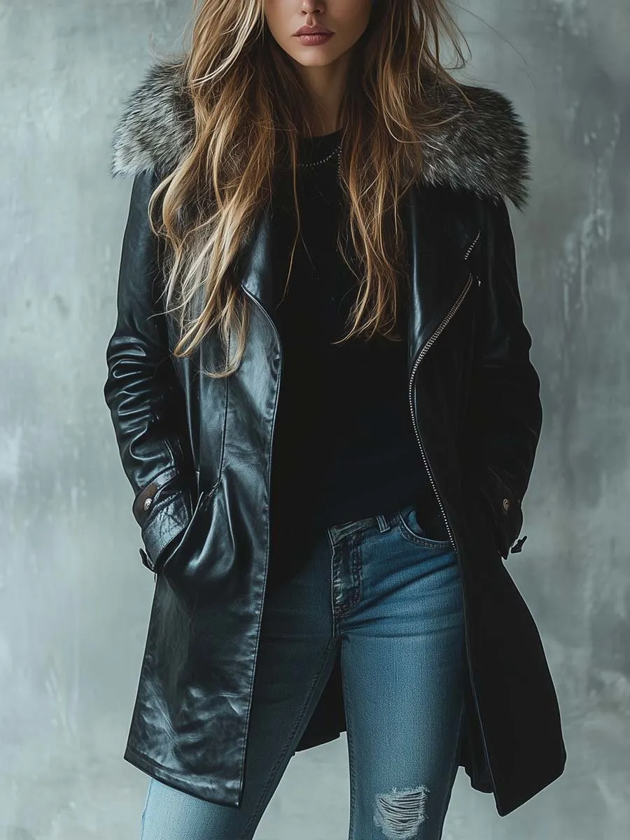 Women's Vintage Fur Collar Zipper Mid-Length Leather Coat