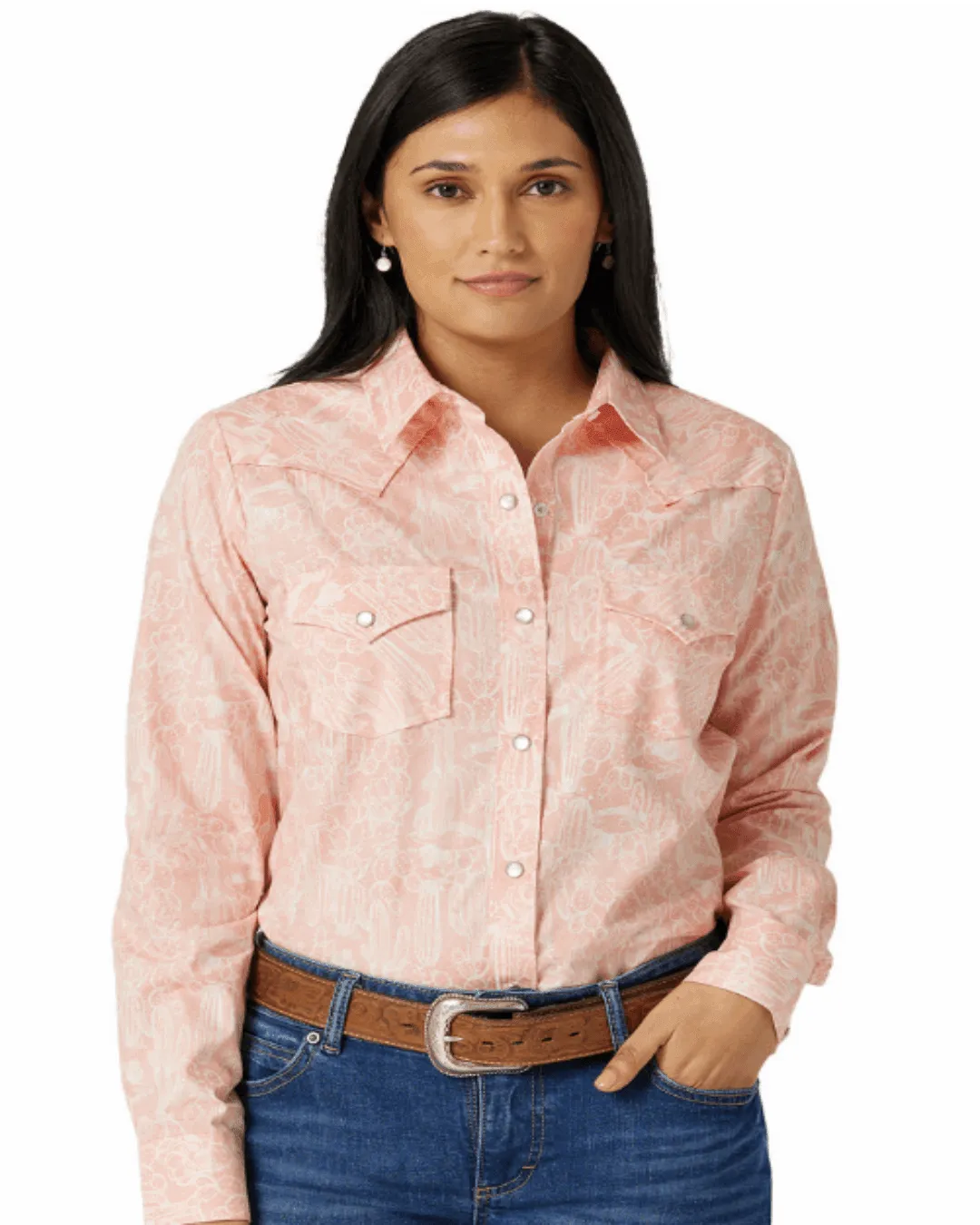 Wrangler Women's Cacti Pink Snap Up Long Sleeve Western Shirt 112327235