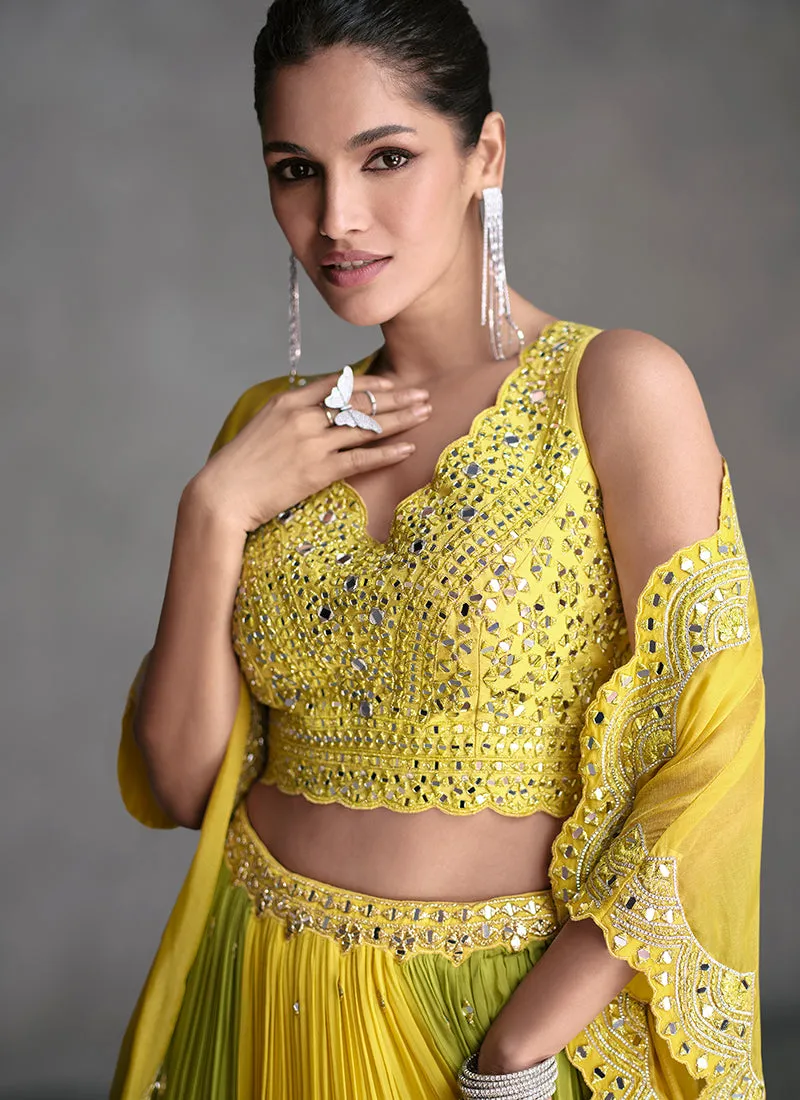 Yellow And Green Mirror Work Embroidery Cape Style Lehenga