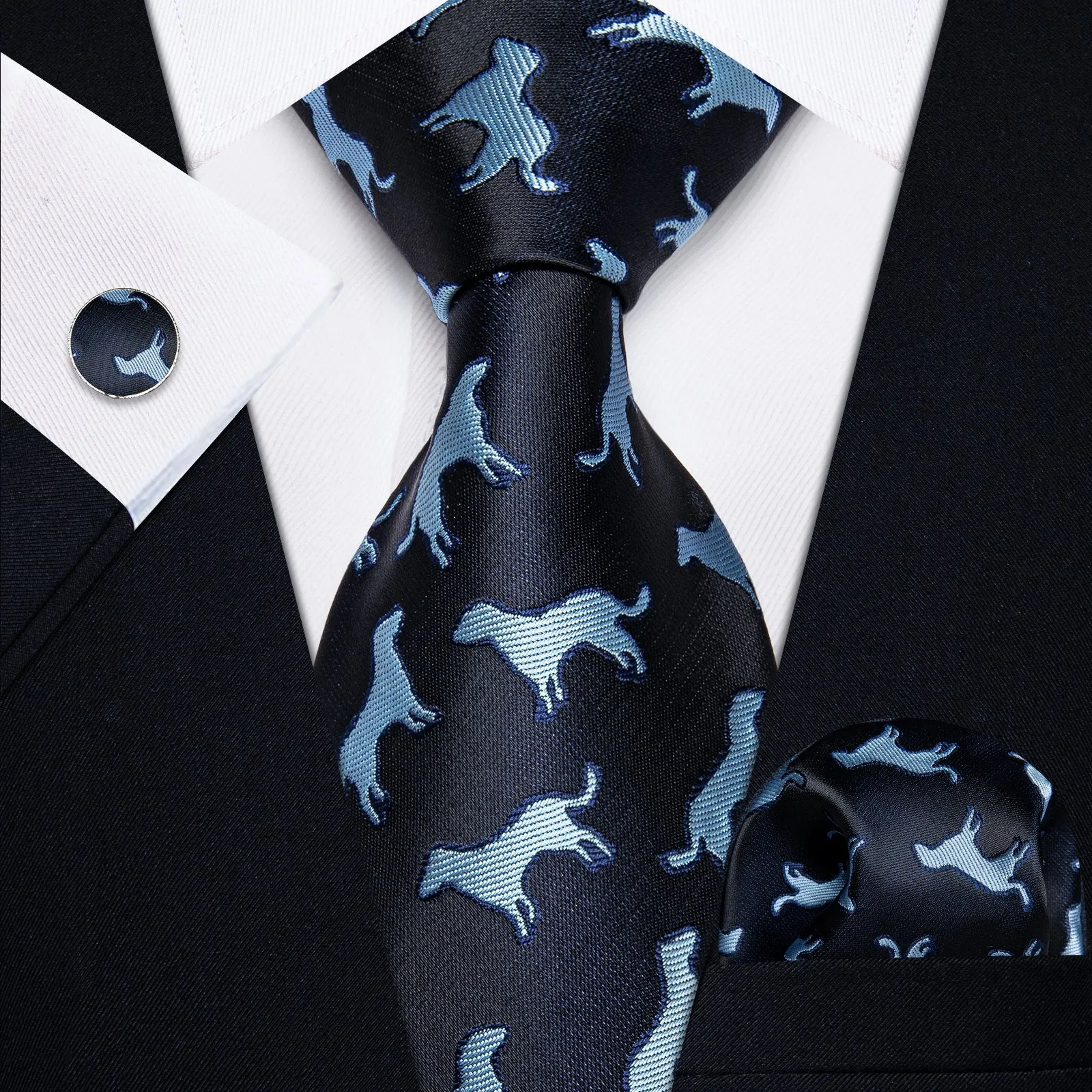 YourTies Black Solid Long Sleeve Shirt with Blue Novelty Puppy Pattern Silk Tie for Men