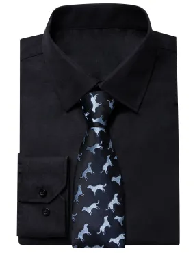 YourTies Black Solid Long Sleeve Shirt with Blue Novelty Puppy Pattern Silk Tie for Men