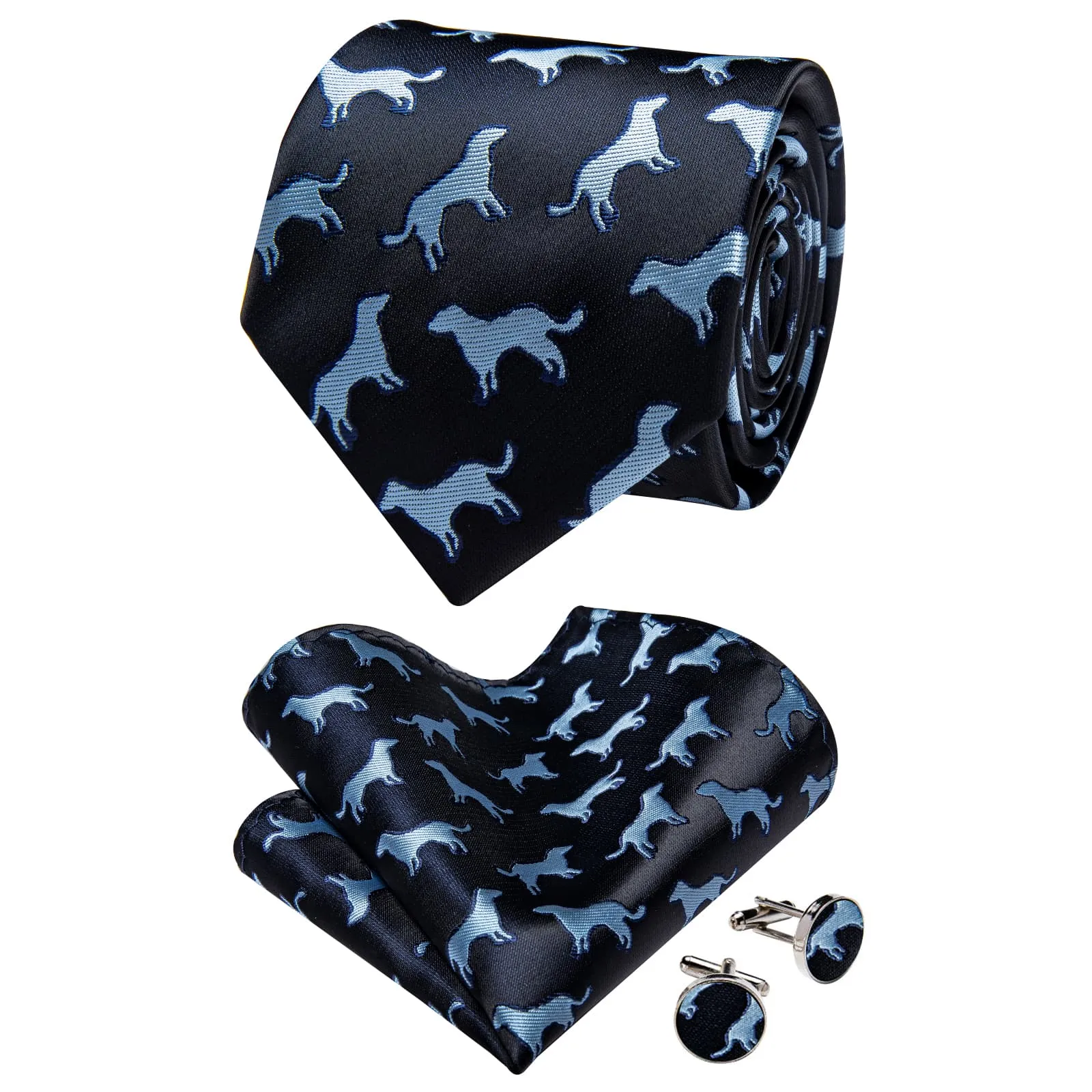 YourTies Black Solid Long Sleeve Shirt with Blue Novelty Puppy Pattern Silk Tie for Men