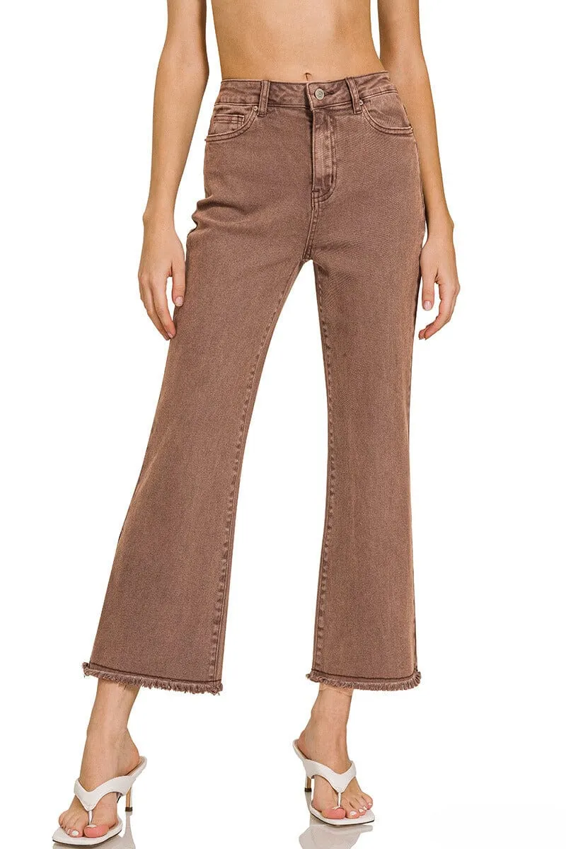 Zenana Acid Washed High Waist Frayed Hem Bootcut Pants